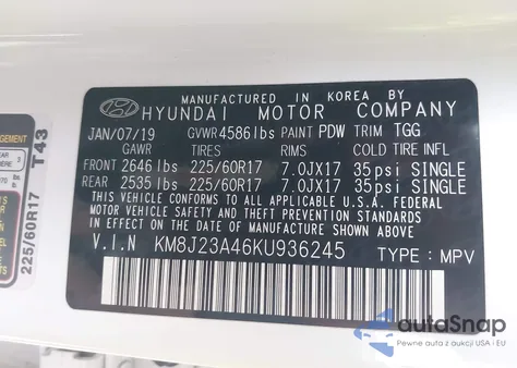 2019 Hyundai Tucson Se из США, поврежденный, VIN KM8J23A46KU936245